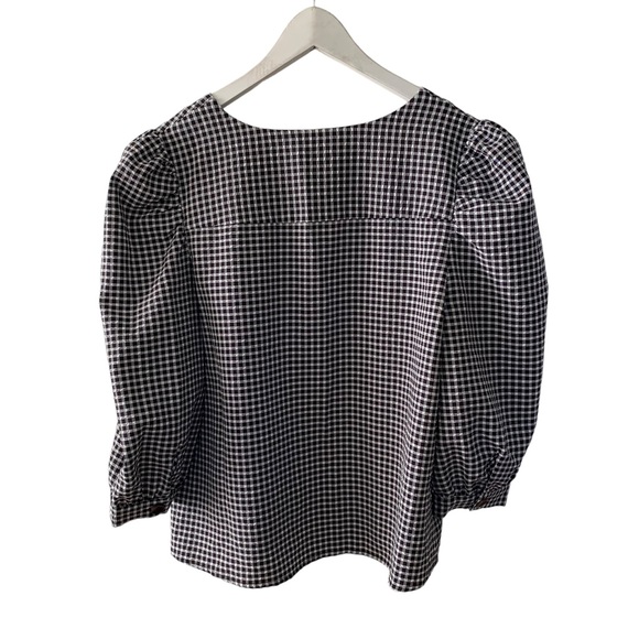 Essue Black and White Gingham Print V Neck Button Up Puff Sleeve Top Medium - Picture 5 of 8